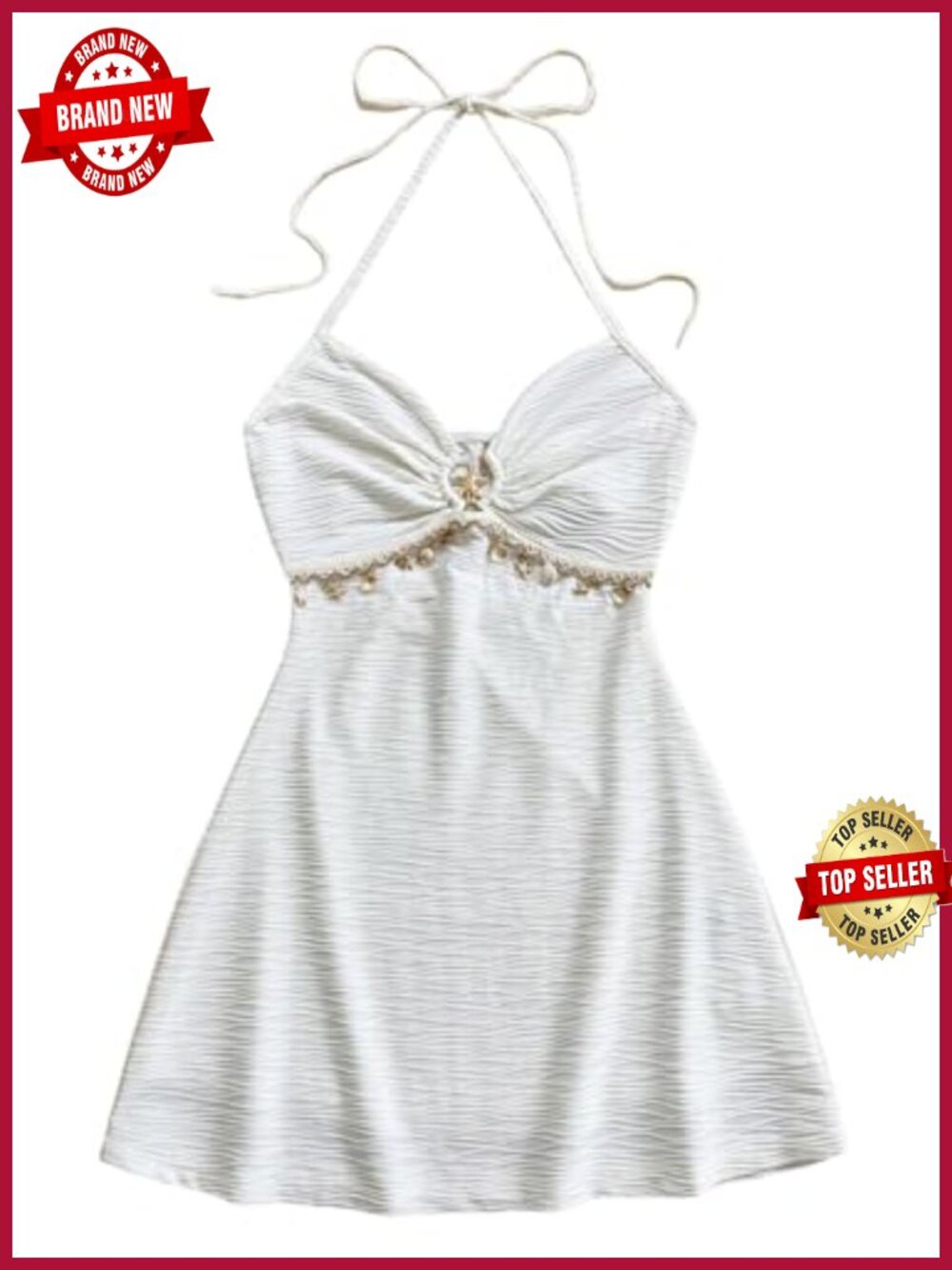 Seashell Halter Mini Dress Textured Tie Back Sleeveless Vacation